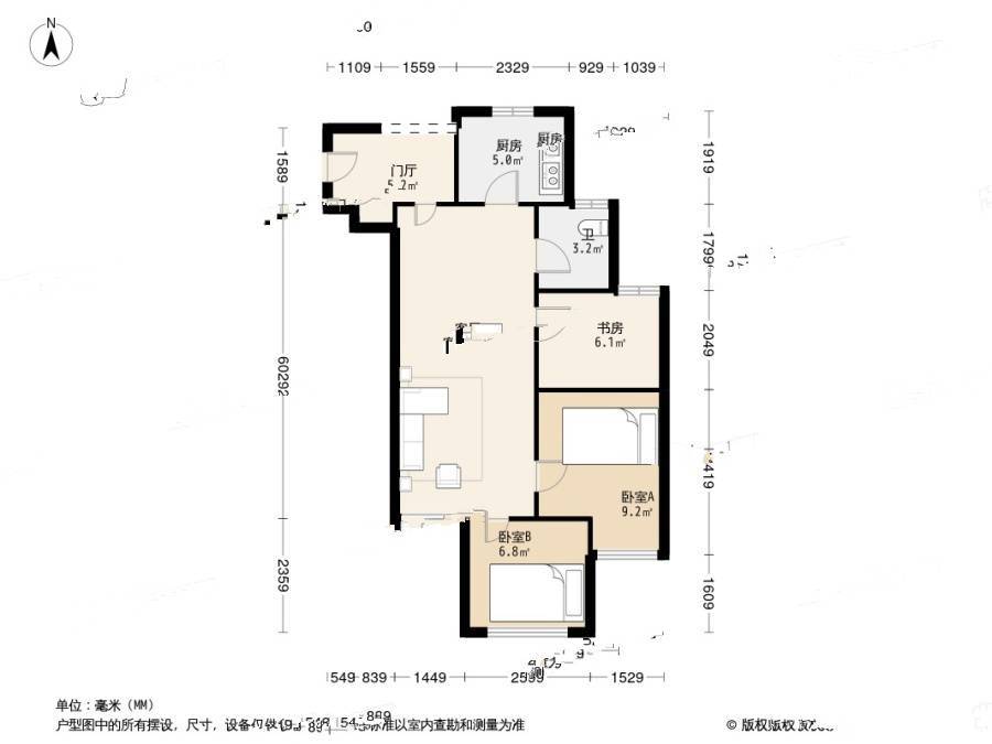 龙湖U城听蓝时光3室1厅1卫65㎡户型图