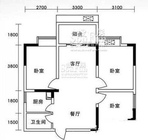 金象左右SOLO公寓3室2厅2卫65㎡户型图