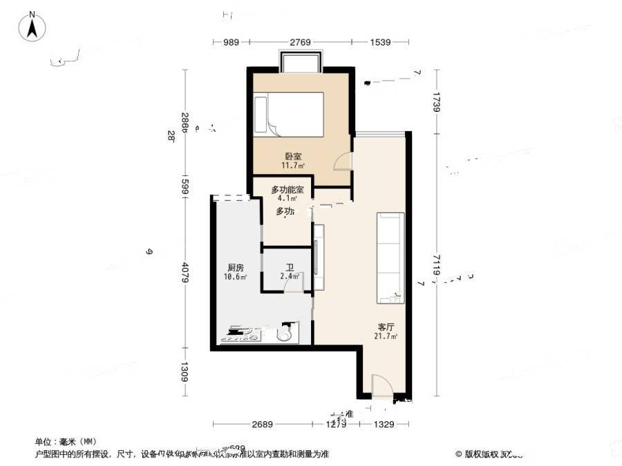 盛世龙都B区2室1厅1卫48㎡户型图