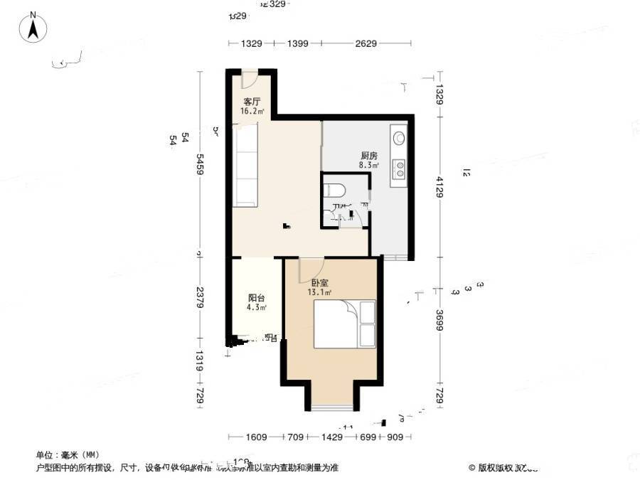 盛世龙都B区1室1厅1卫48㎡户型图