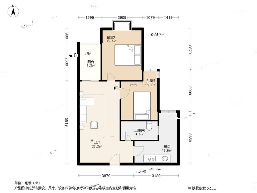 盛世龙都B区2室2厅1卫68㎡户型图