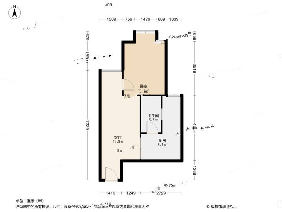 盛世龙都B区1室1厅1卫48㎡户型图