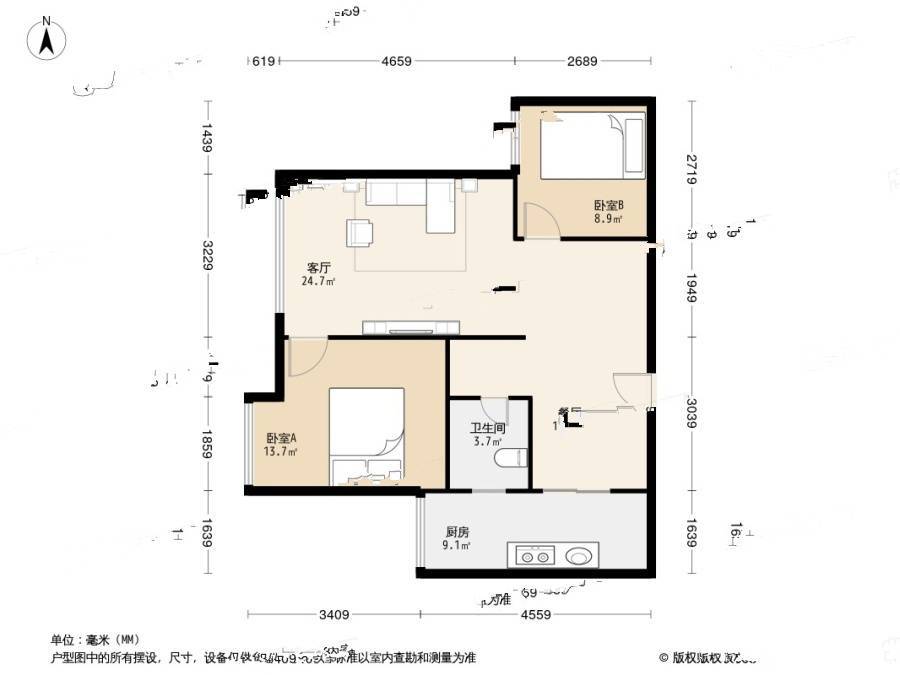 晋愉盛世融城C区2室2厅1卫73.5㎡户型图