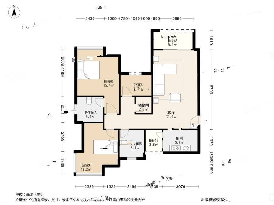 滨江春城3室2厅2卫100㎡户型图