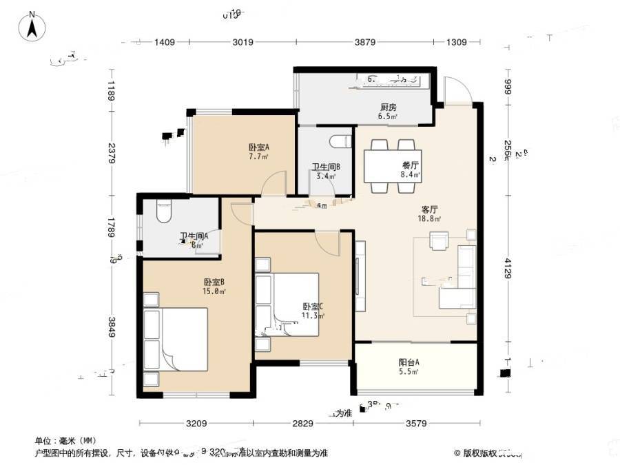 乾和珑湾3室2厅2卫97㎡户型图