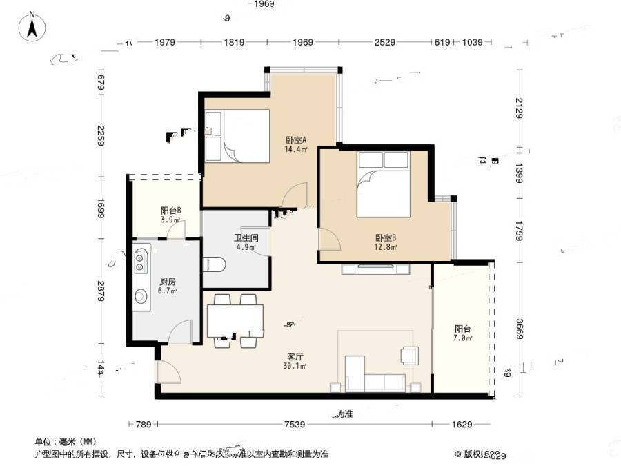 加洲国际2室2厅1卫80㎡户型图