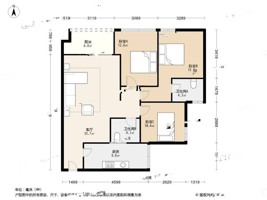 加洲国际3室2厅2卫108㎡户型图