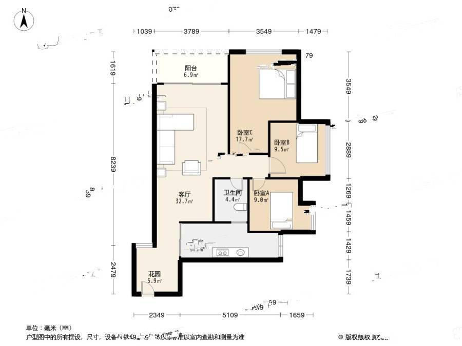 金沙别馆3室1厅1卫98㎡户型图