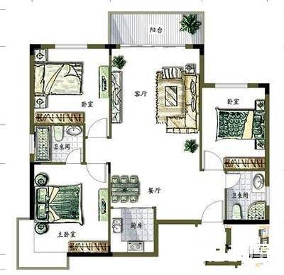 四环路小区3室2厅2卫130㎡户型图