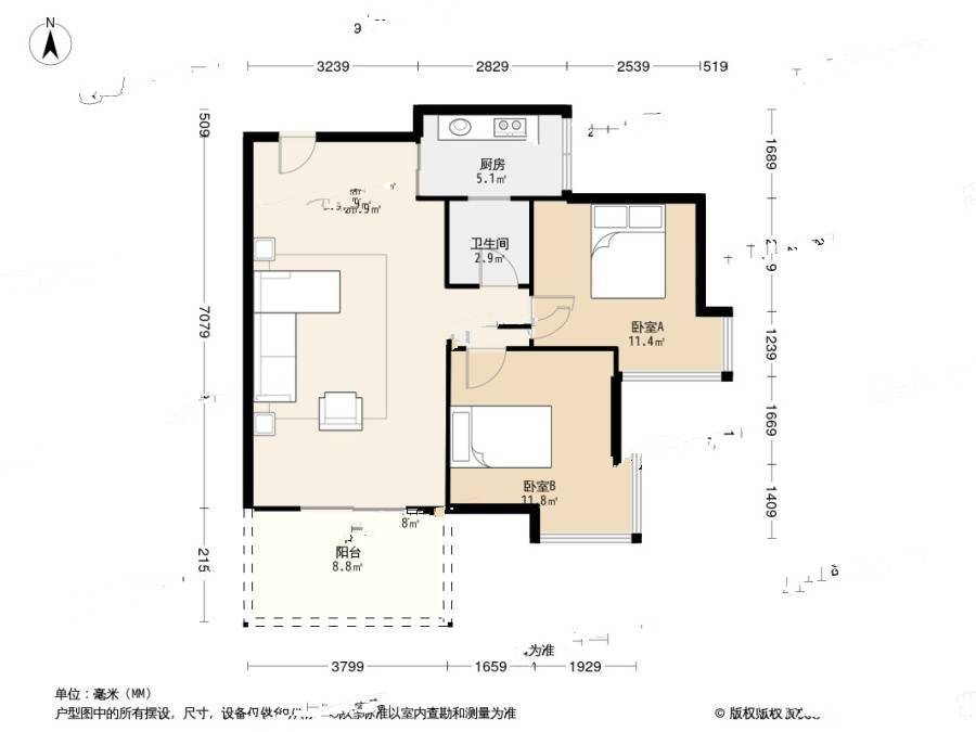 彩云小城2室1厅1卫80.2㎡户型图