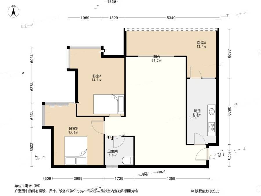 彩云小城3室1厅1卫84.4㎡户型图