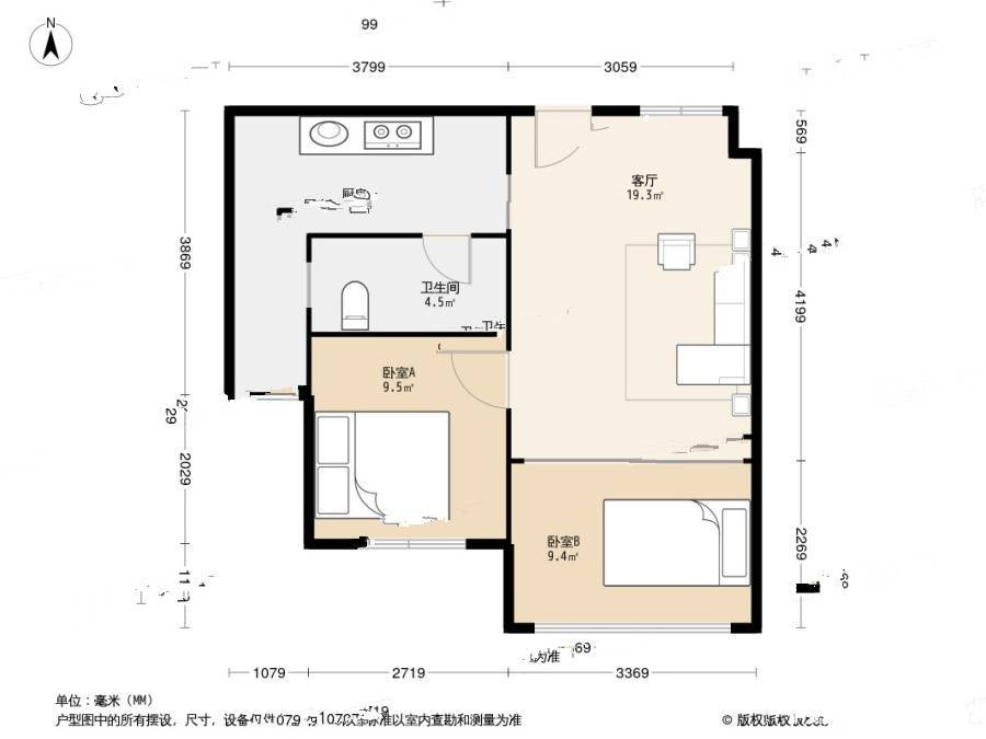 金洲大厦2室1厅1卫67㎡户型图