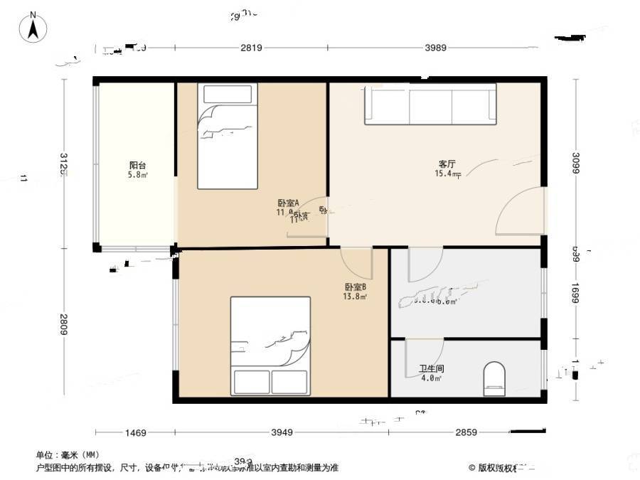 大西门2室1厅1卫56㎡户型图