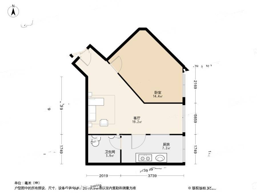 中瑞方园天龙居1室1厅1卫49.2㎡户型图