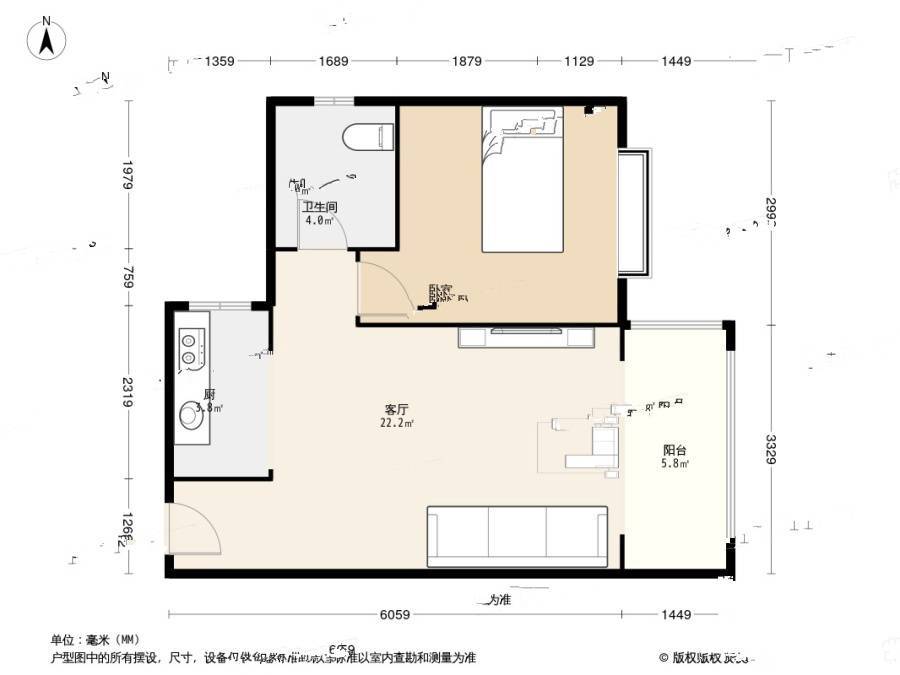 银座花苑1室1厅1卫51.4㎡户型图