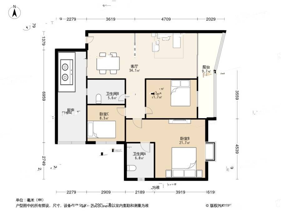 芳草地自由港湾3室2厅2卫111.4㎡户型图