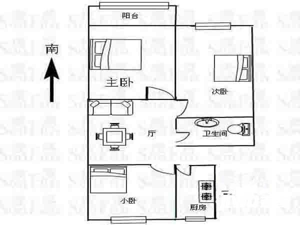 宁夏路住宅3室1厅1卫63㎡户型图