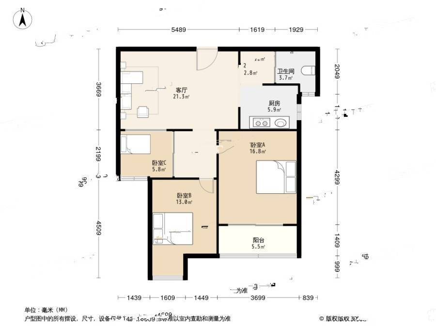 上城风景北苑3室1厅1卫86.8㎡户型图