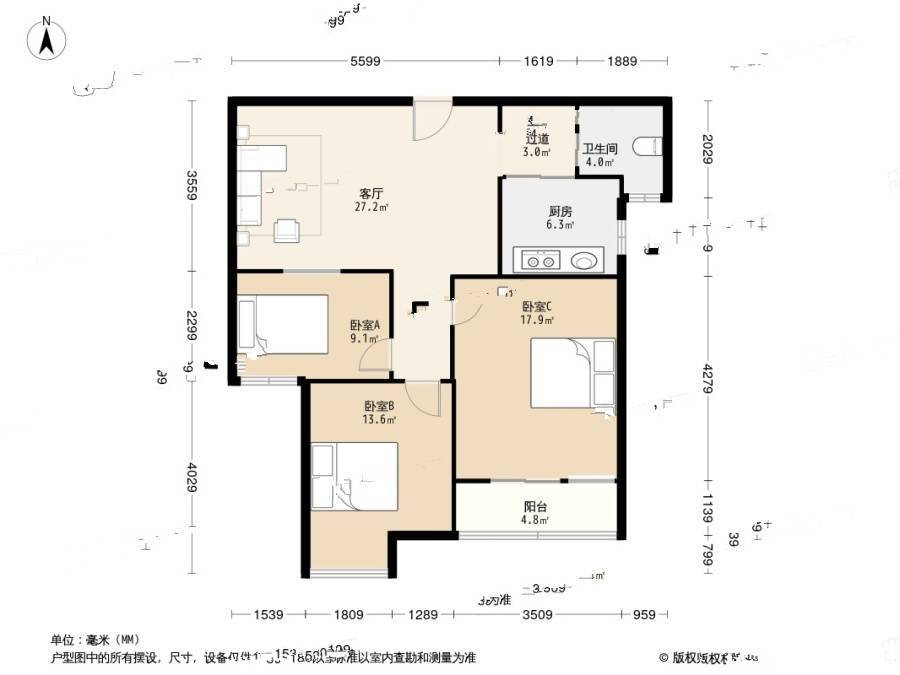 上城风景北苑3室1厅1卫87㎡户型图