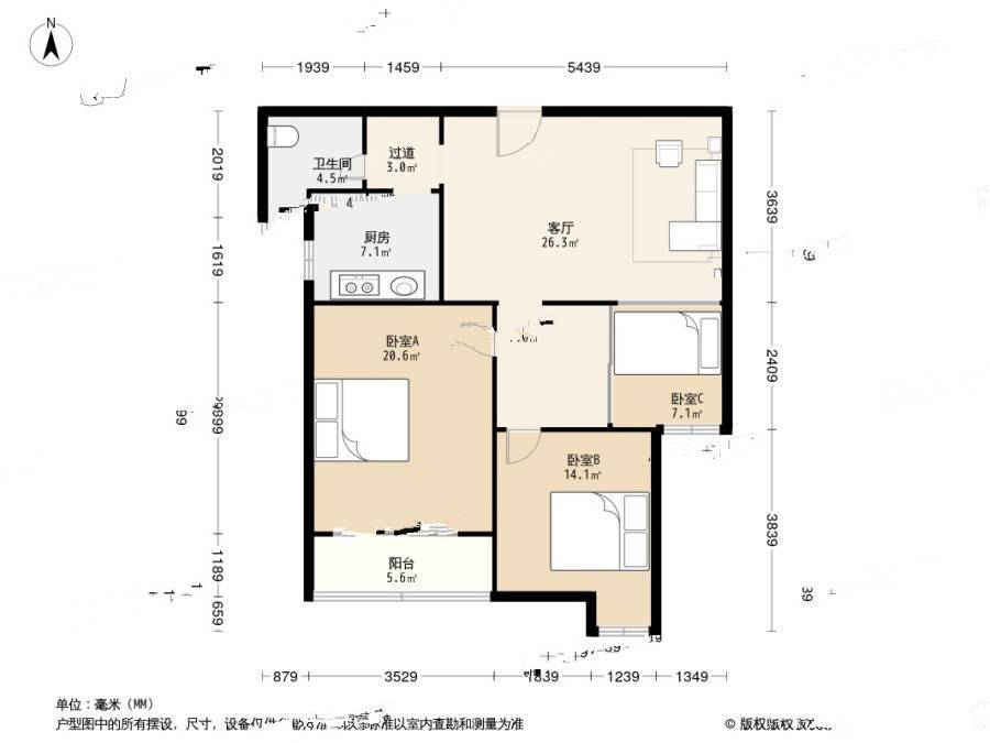 上城风景北苑3室1厅1卫87㎡户型图