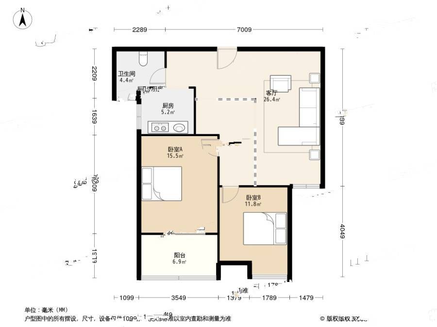 上城风景北苑2室1厅1卫86.8㎡户型图