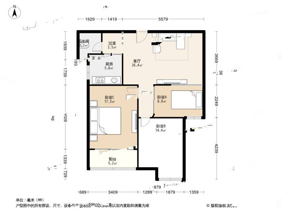 上城风景北苑3室1厅1卫87㎡户型图