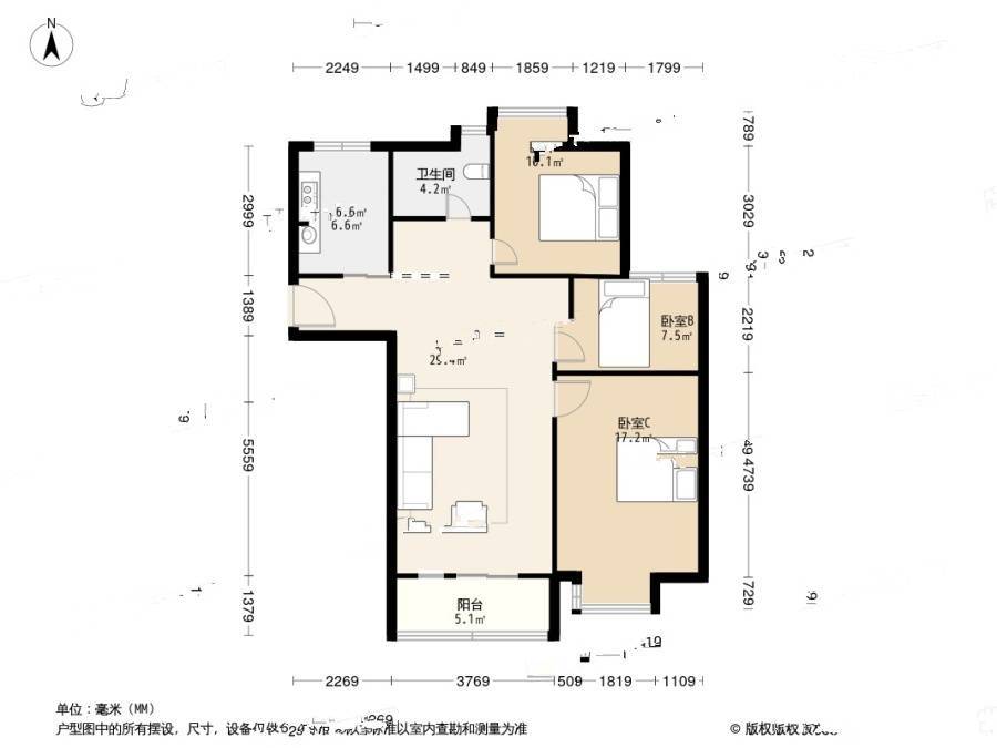 上城风景北苑3室1厅1卫97㎡户型图