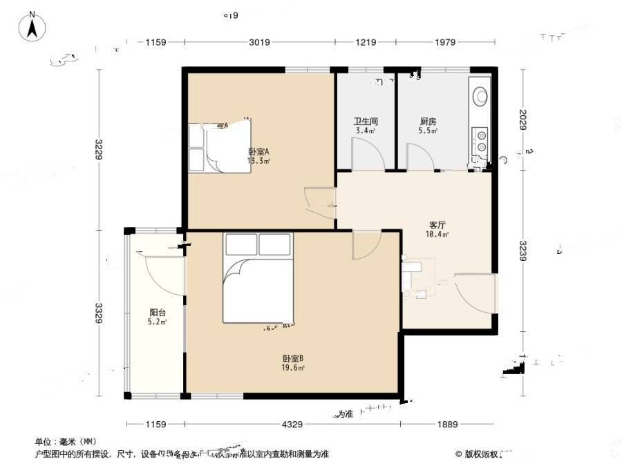 狗耳巷小区2室1厅1卫54.2㎡户型图