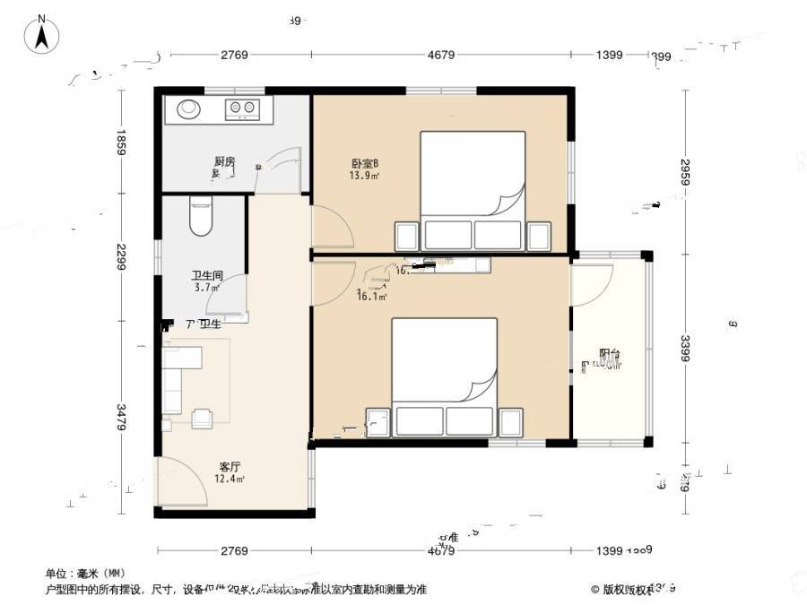 东井村22号2室1厅1卫64.6㎡户型图