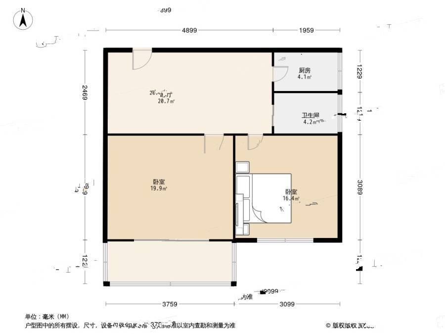 东瓜圃桥2室1厅1卫53.4㎡户型图