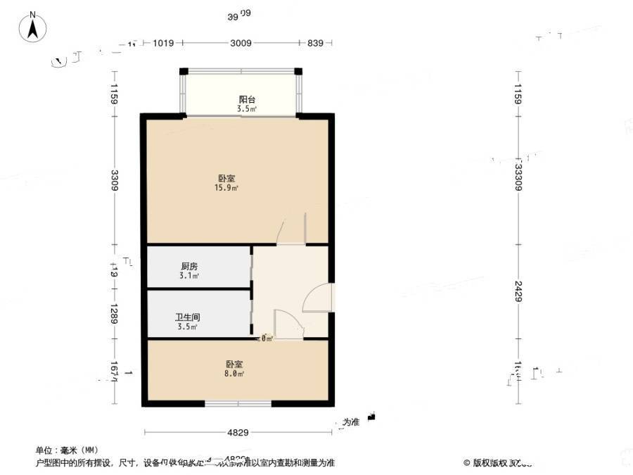 东瓜圃桥2室1厅1卫54㎡户型图