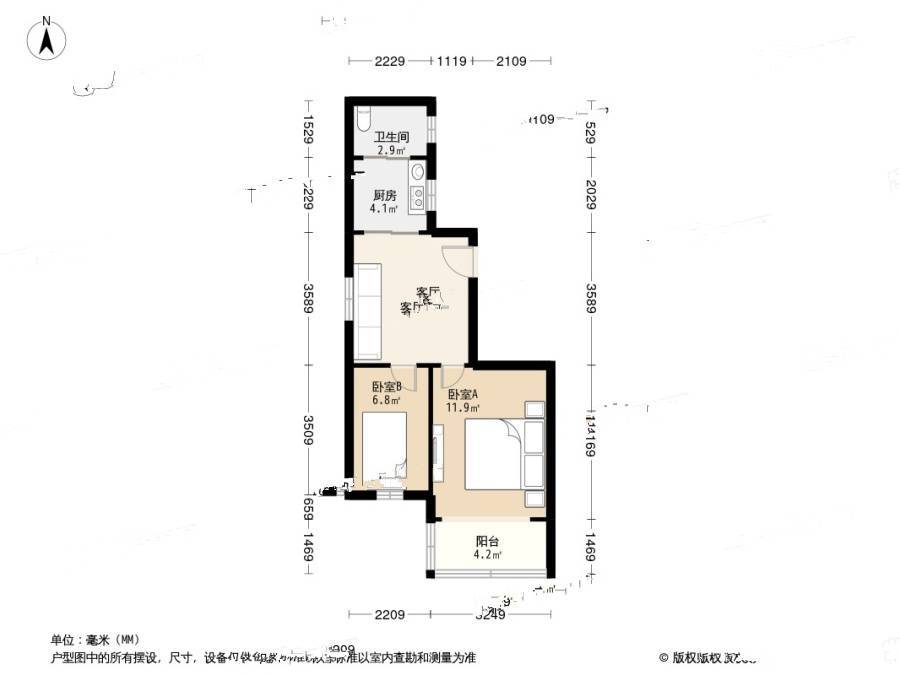 东瓜圃桥2室1厅1卫59.4㎡户型图