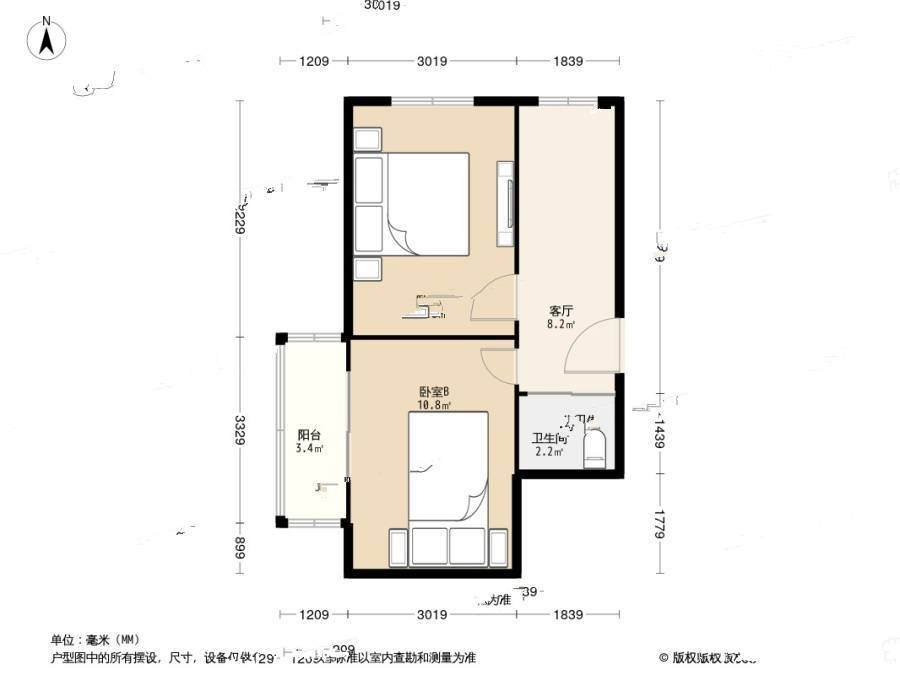 东瓜圃桥2室1厅1卫53.8㎡户型图