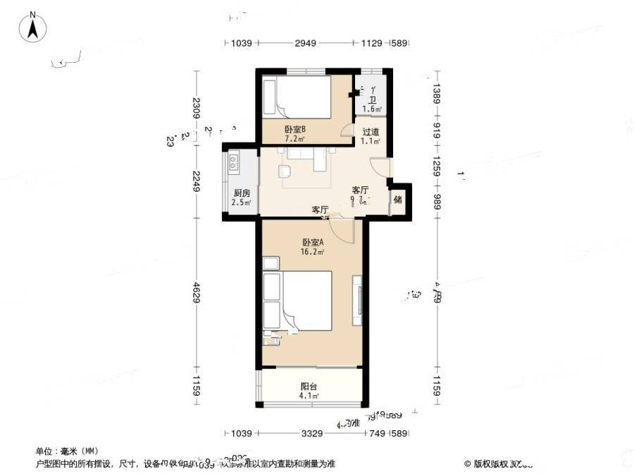 东瓜圃桥2室1厅1卫51.1㎡户型图