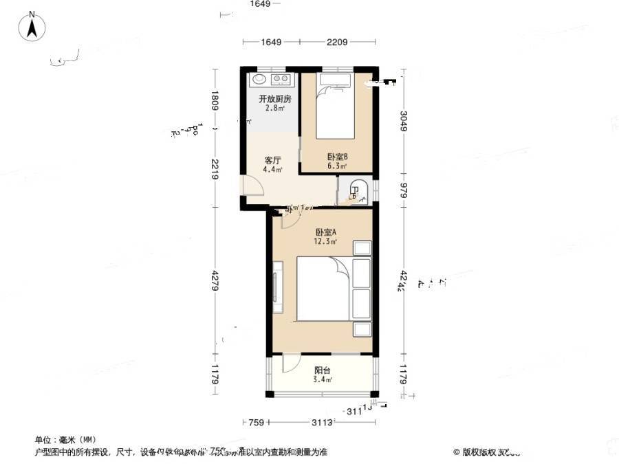 峨嵋岭2室1厅1卫43.4㎡户型图