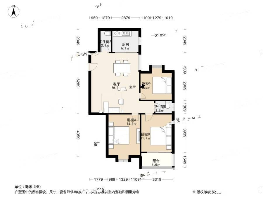 五台花园3室1厅1卫129.9㎡户型图