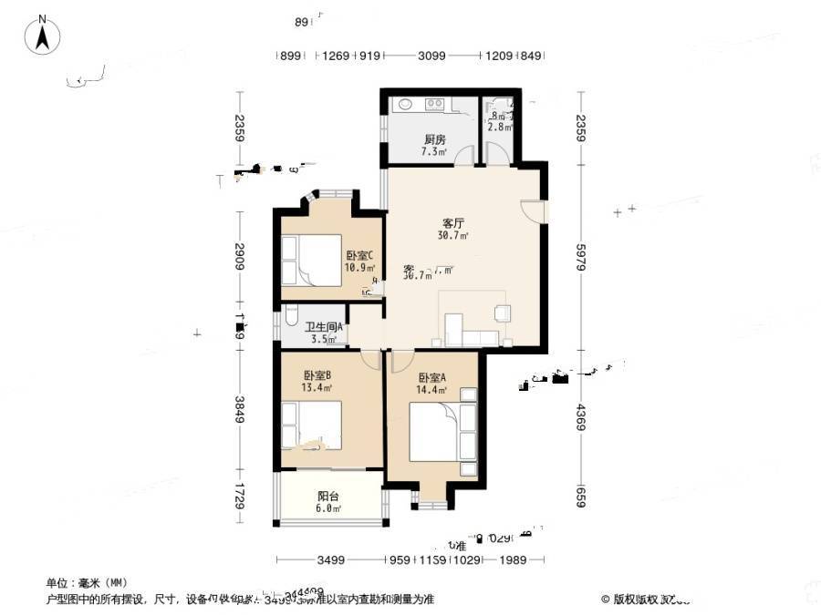 五台花园3室1厅1卫129.9㎡户型图