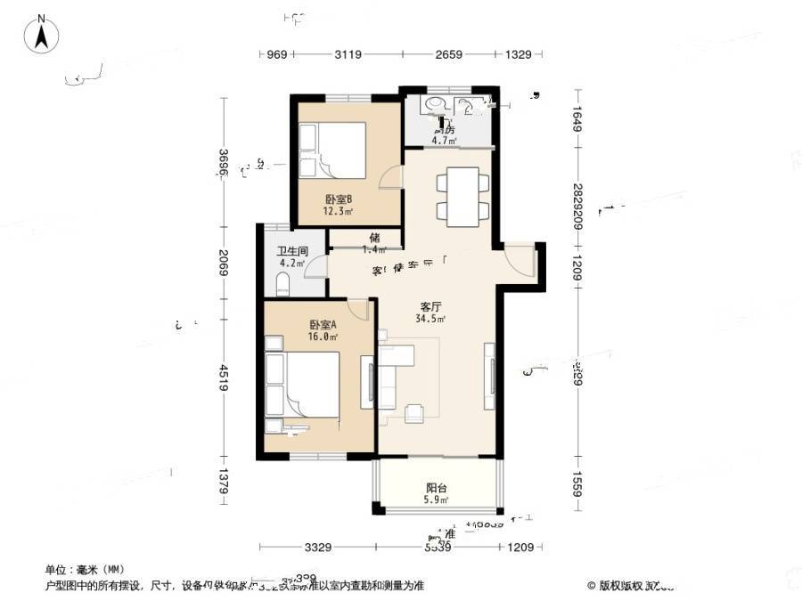 御水湾花园2室1厅1卫92㎡户型图