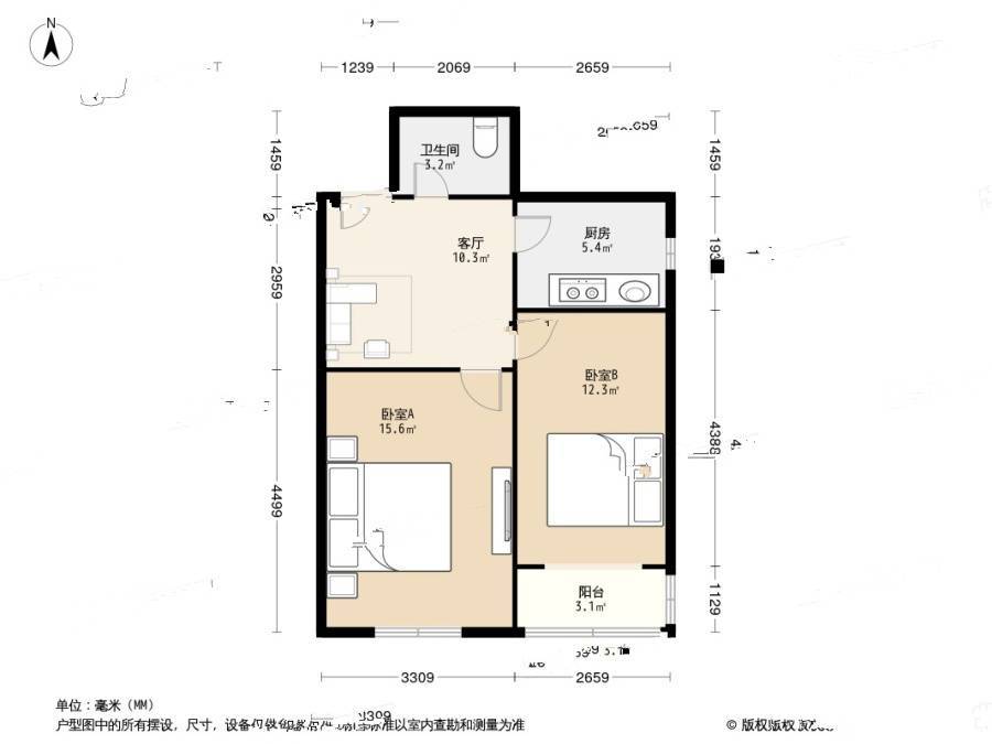 五塘村2室1厅1卫57㎡户型图