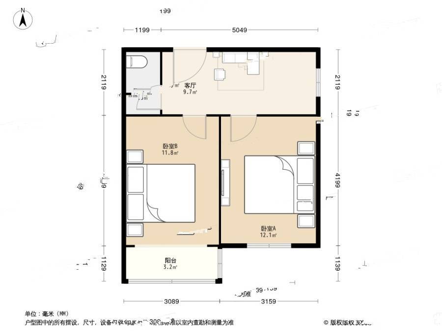 晨光巷小区2室1厅1卫57.3㎡户型图