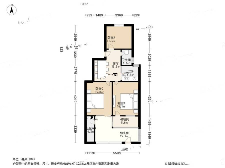 岗虹苑3室1厅1卫77㎡户型图