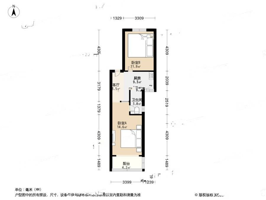 岗虹苑2室1厅1卫63.1㎡户型图