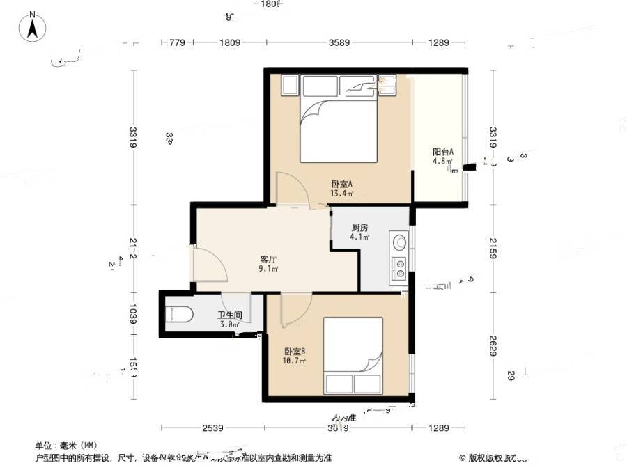 岗虹苑2室1厅1卫48.3㎡户型图