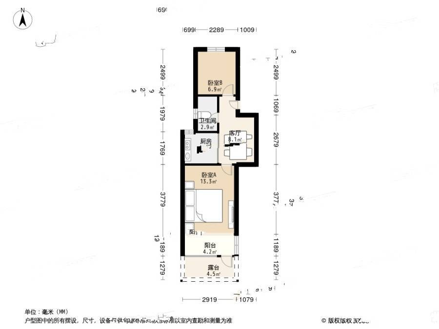 岗虹苑2室1厅1卫50.8㎡户型图