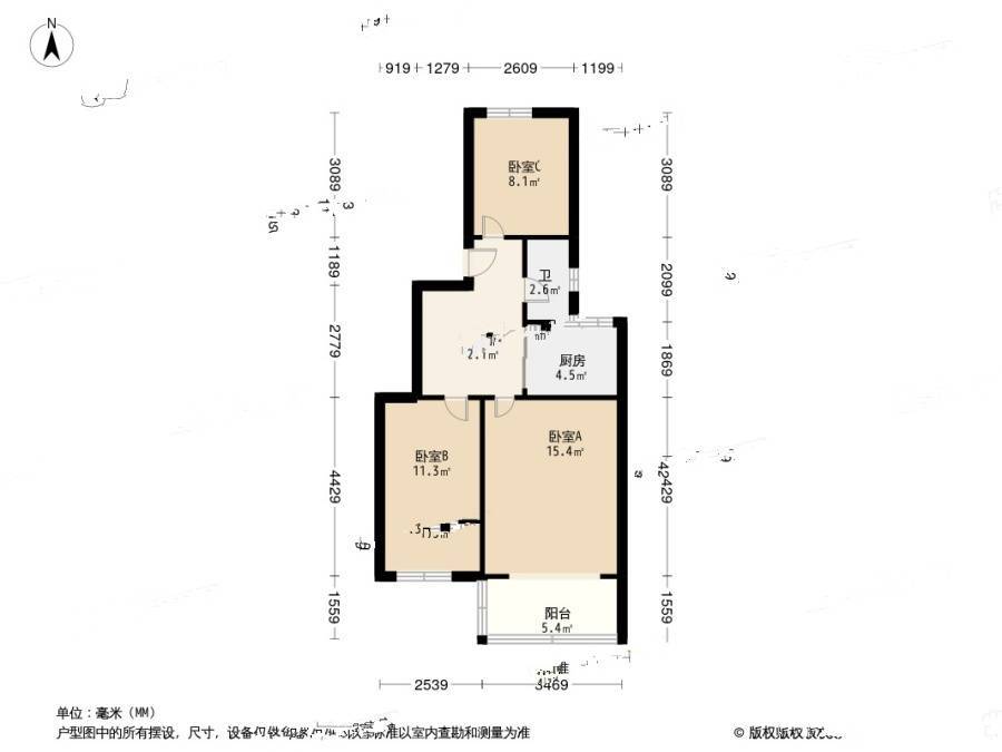 岗虹苑3室1厅1卫65㎡户型图