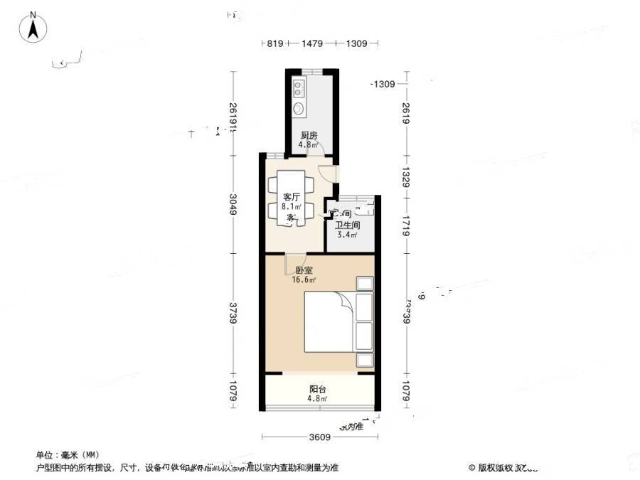 岗虹苑1室1厅1卫42.8㎡户型图