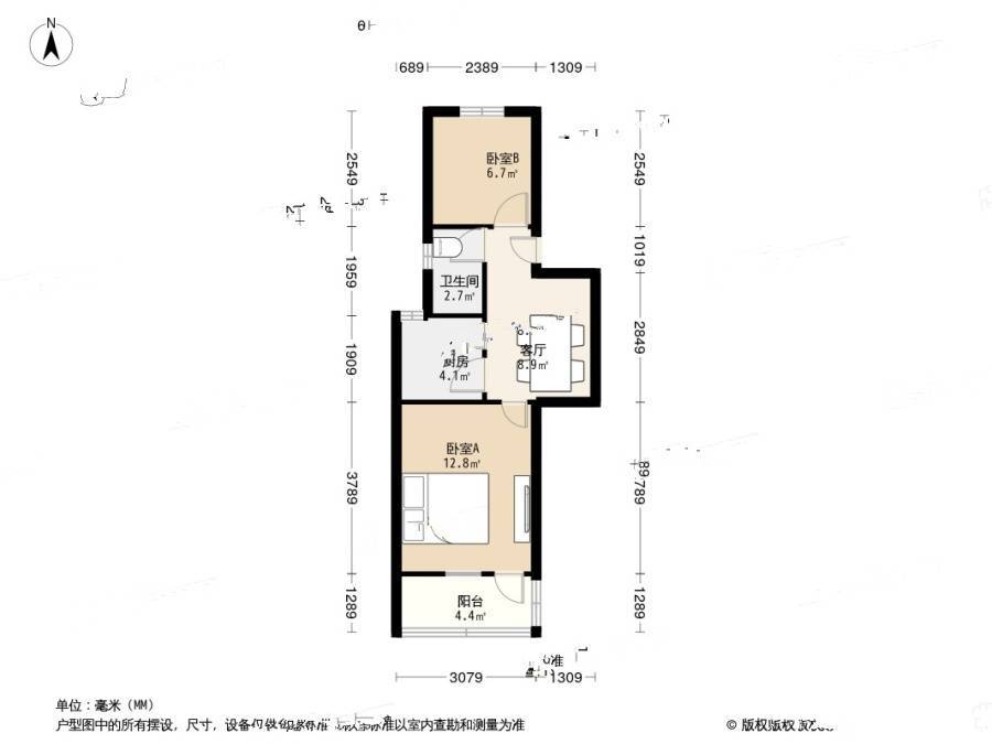 岗虹苑2室1厅1卫50.1㎡户型图