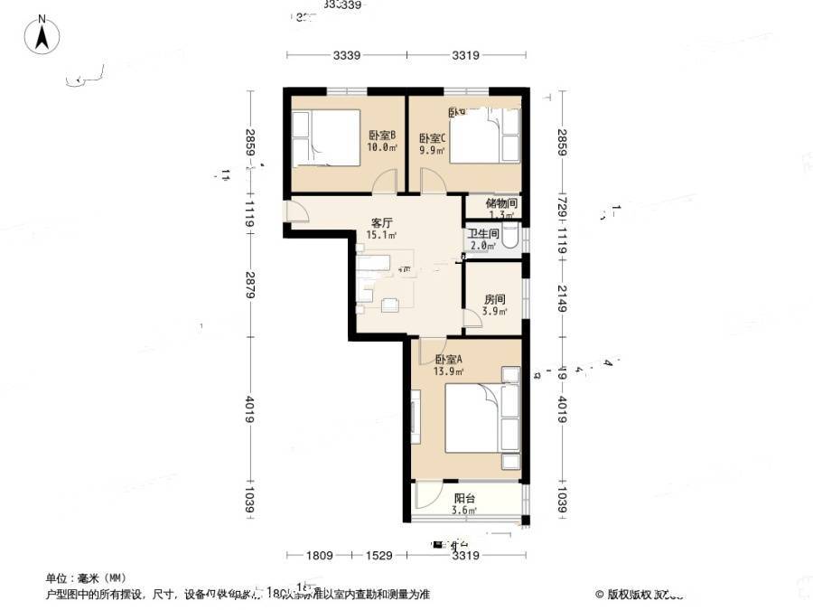 岗虹苑3室1厅1卫77㎡户型图