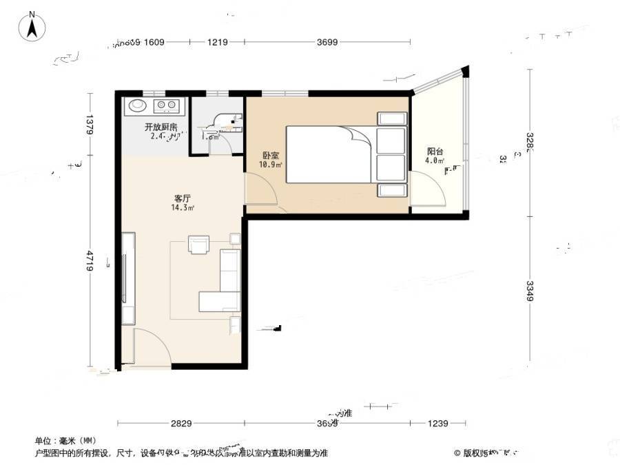 岗虹苑1室1厅1卫41.3㎡户型图