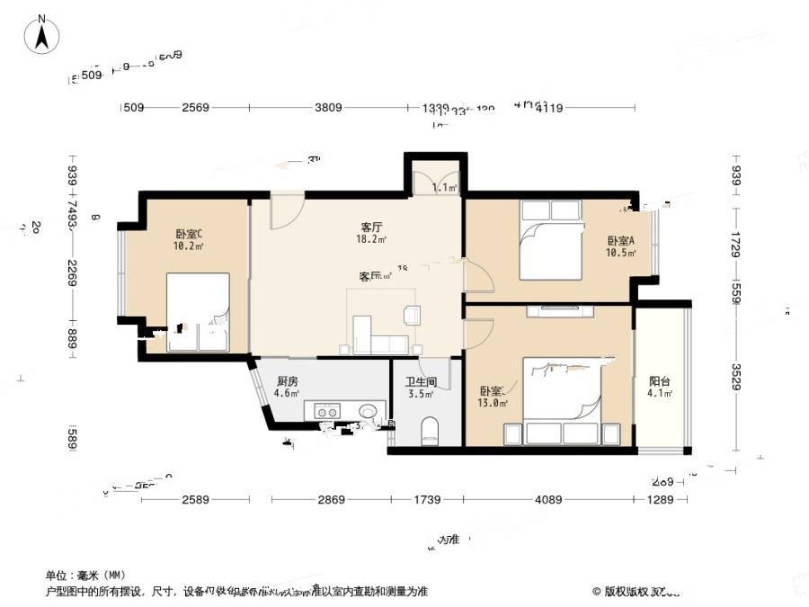 金基月亮湾3室1厅1卫89.4㎡户型图